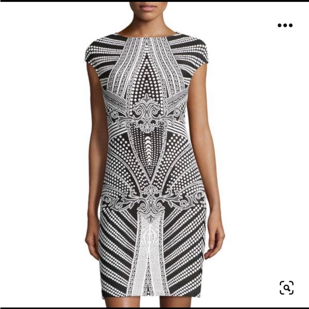 Julia Jordan Jacquard Black and White Cap Sleeve Modern Print Sheath Dress